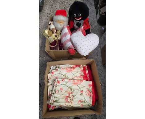 2 CARTONS OF MISC MATERIAL, MAINLY CURTAINS, CUSHIONS & 2 RAG DOLLS