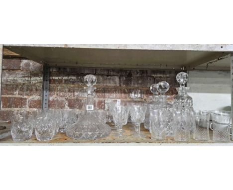 SHELF OF MISC CUT GLASS GLASS & 4 DECANTERS