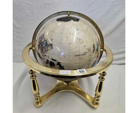 LARGE SEMI PRECIOUS GEM STONE WORLD GLOBE ON BRASS STAND WITH COMPASS