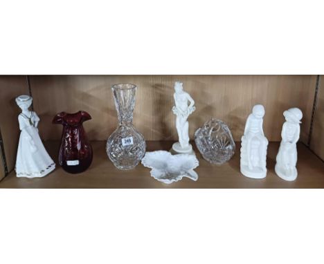 SHELF OF GLASS VASES CHINA FIGURES ETC