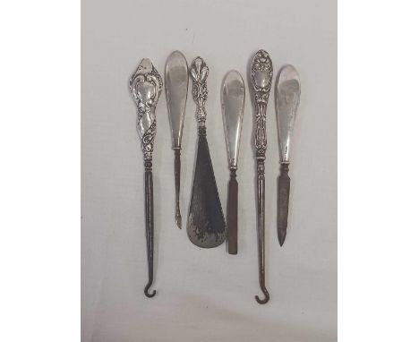 SIX SILVER HANDLED BUTTON HOOKS ETC