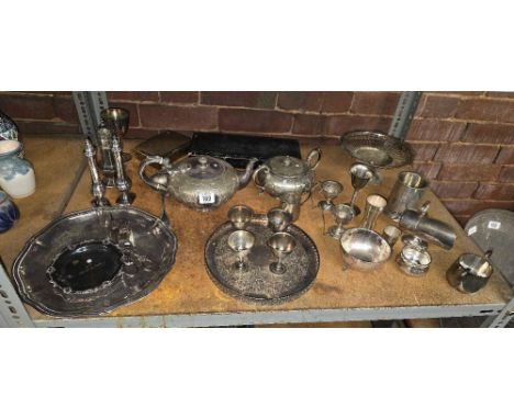 SHELF OF MISC PLATEDWARE INCL; TEA POTS, SUGAR BOWL, TRAYS