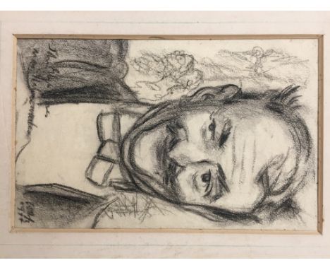 A portrait study depicting the actor John Glyn-Jones as an Italian waiter, charcoal drawing, titled lower left, indistinctly 