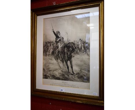After Lady Butler, Halt, framed lithograph