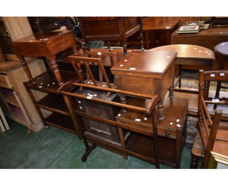 A Victorian mahogany bidet; oak tea trolley; oak magazine rack; stained pine cupboard; a commode box (no liner); an oak side 