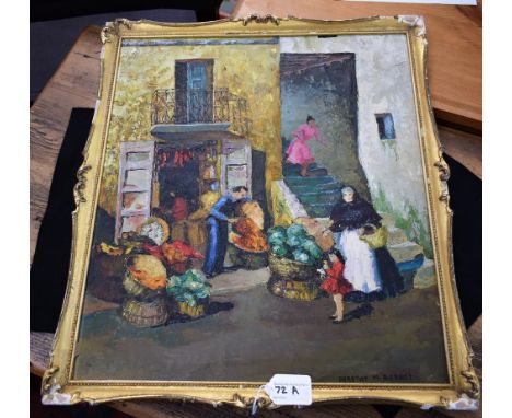 Dorothy M BurnetThe Vegetable Sellersigned, oil on hardboard, 44.5cm x 39cm 