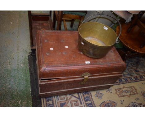 A tin travelling trunk; a brass preserving pan (2)