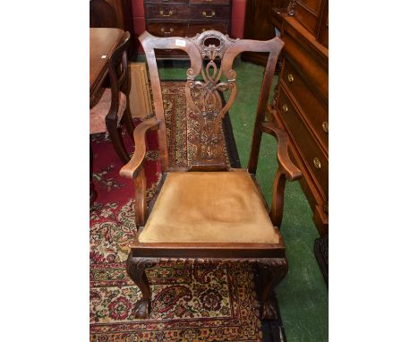 A mahogany Chippendale revival carver chair, shaped top rail, pierced and carved vasular splat, drop in seat, gadrooned apron