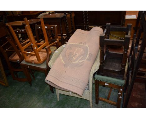 Two Victorian bedroom chairs; a Regency reproduction carver chair; a Lloyd Loom style commode chair; two oak stools; another 