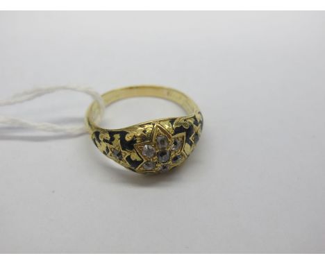 A XIX Century Diamond Set Ring, star set to the front with old cut stones, highlighted in black enamel (losses), indistinctly