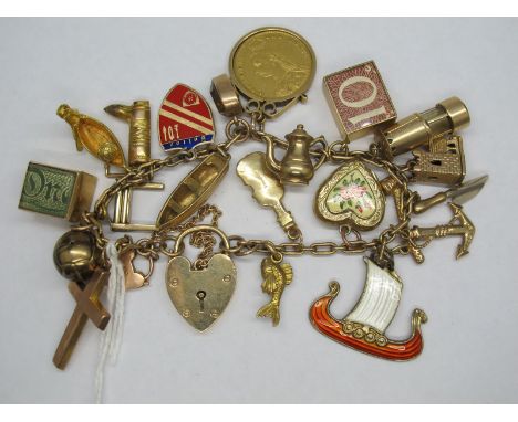 A Charm Bracelet, to 9ct gold heart shape padlock clasp, suspending numerous novelty charm pendants including enamel Viking s