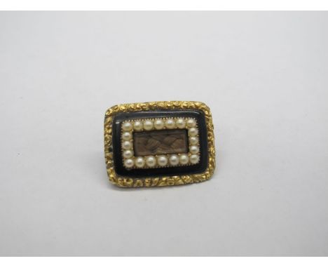 A XIX Century Mourning Brooch, of rectangular form with central glazed hairwork panel, inscribed verso "Mark Temple died Augs