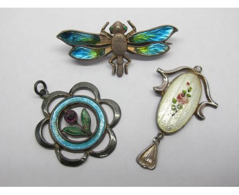 A Charles Horner Hallmarked Silver Enamel Pendant, highlighted in white, detailed with a rose (lacking drop); A Charles Horne
