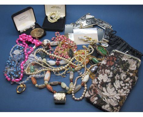 Assorted Costume Jewellery, including beads, imitation pearls, key rings, panel belt, scarf rings, brooches, earrings, etc.