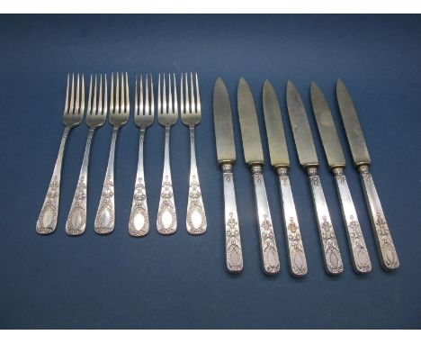 A Set of Six German Dessert/Fruit Knives and Forks, stamped crescent and crown mark and "800", the handles detailed in the Ru