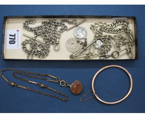 A Bangle, of plain design, hinged to snap clasps; together with a hardstone locket type pendant, watch chains, etc.