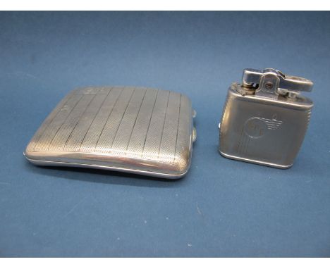 A Hallmarked Silver Cigarette Case, allover engine turned, initialled; together with a Ronson Viking lighter. (2)
