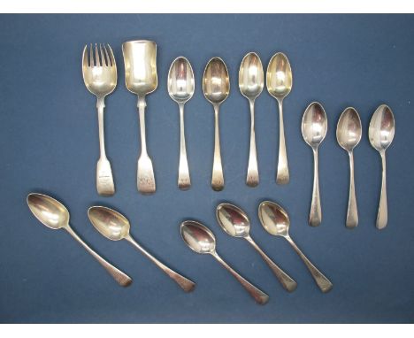 A Provincial Hallmarked Silver Fiddle Pattern Sugar Shovel, William Rawlings Sobey, Exeter 1845, initialled; a set of plated 