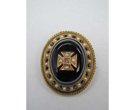 A XIX Century Pearl and Diamond Set Locket Back Mourning Brooch, rose cut set to the centre within Maltese Cross style settin
