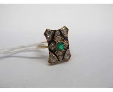 An Art Deco Style Panel Ring, of shaped rectangular design, circular collet set to the centre, with blue enamel highlights.