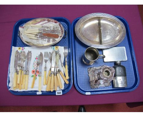 Old Sheffield Plate Decorative Candlestick, fish knives and forks, "Whyte & Mackay Scotch Whisky" hip flask, cigarette case, 
