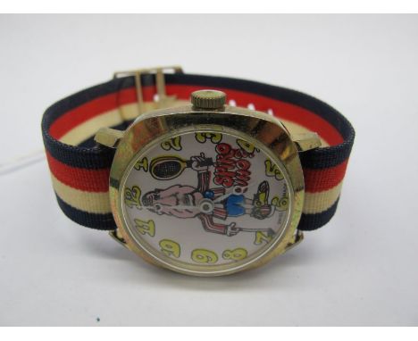 A Vintage 1970's Spiro Agnew "Spiro Who?" Wristwatch, with cartoon style dial, on red, white and blue canvas strap. *Spiro Th
