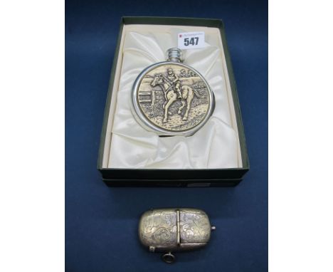 A Combination Vesta/Sovereign Case, of rounded rectangular form, allover leaf scroll engraved with a modern pewter hip flask,