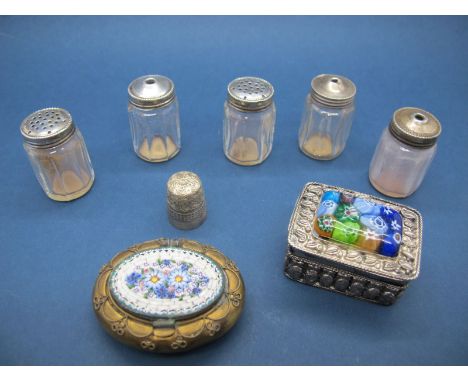 A Decorative Oval Trinket/Pill Box, the hinged lid detailed with micromosaic; together with another trinket box with pull off