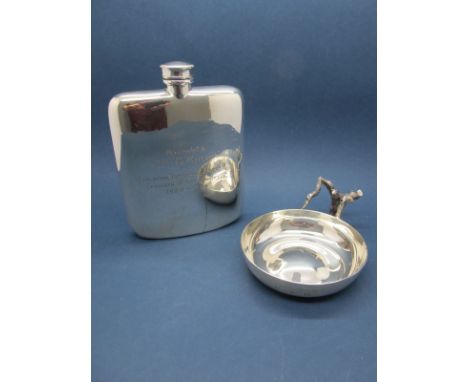 A Hallmarked Silver Wine Taster, A.G.E, London 1977, initialled "A.J.V"; A Hip Flask, engraved "Presented to Ald. R. Kirk fro