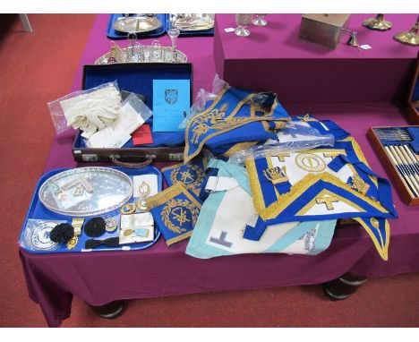 A Collection of Masonic Regalia, including 9ct gold jewel "Presented to W. Bro K. Lee Worshipful Master 1972" suspended on tu