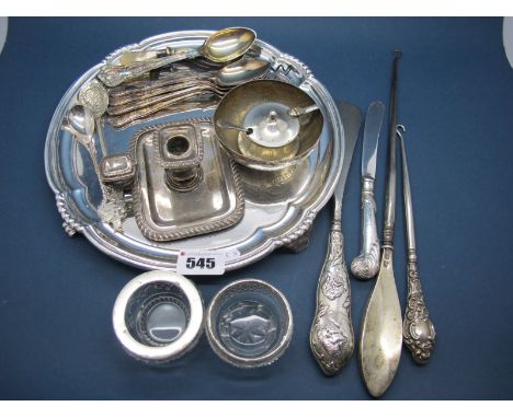Hallmarked Silver Rimmed Glass Salts, chamberstick, set of teaspoons, corkscrew, waiter, hallmarked silver handled button hoo