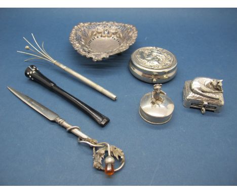 A Hallmarked Silver Trinket Dish, of pierced design; together with a champagne twizzler, pill boxes, letter opener, cheroot h