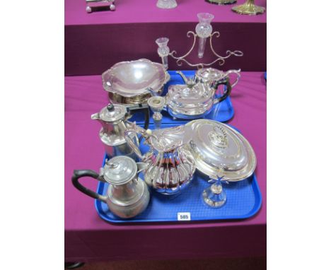 Plated Tea Pots, twin branch epergne with thistle flutes (one missing), footed dish, entree dish, etc:- One Box