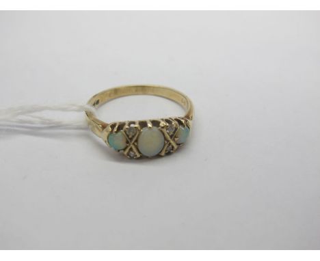 A 9ct Gold Opal Set Ring, the graduated oval cabochon opals with 'X' spacers.