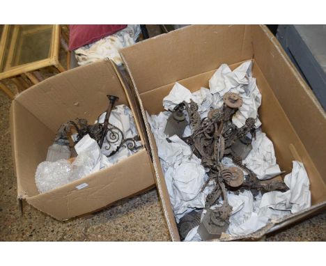 Group of iron ceiling light fittings with glass shades, very coroded condition