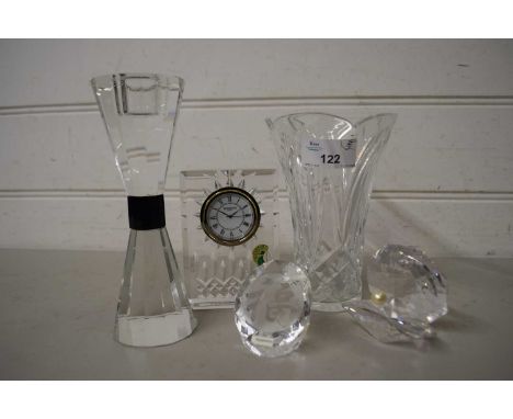 Collection of Waterford crystal and other glass items to include a small mantel clock, vases, clam shell, candlestick etc
