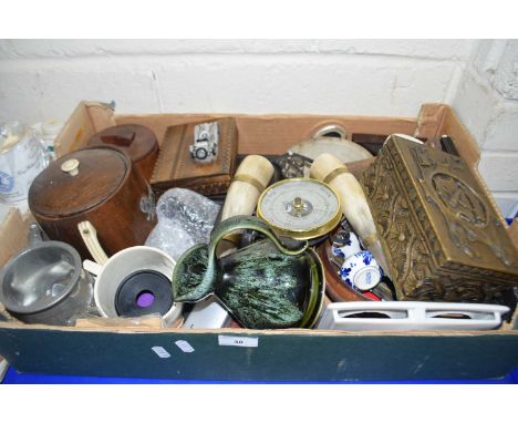 Box of mixed items to include barometer, biscuit barrel, pestle and mortar and many other items