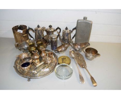 Large mixed lot of various silver plated tea wares, sauce boats, cruet items etc together with a further Dunhill large pewter