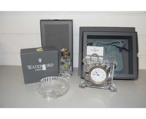 Waterford Crystal mantel clock, model of a golf bag and a shell formed dish