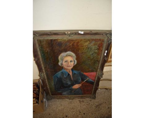 20th Century school portrait study of a lady in blue dress, indistinctly signed, oil on board