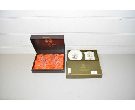 Cased Webb crystal napkin rings and boxed Royal Worcester vase and pin tray