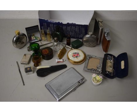 Mixed Lot: Various small modern hip flasks, combination cigarette case and lighter, miniature picture fram etc