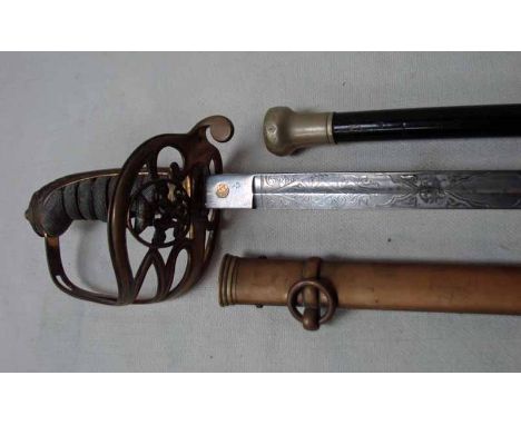 A Victorian Army Officer's Dress Sword, steel fullered blade, 83cm long etched and with Royal Cipher, wired shagreen grip wit