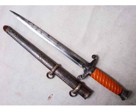 WW2 Third Reich German Army Nazi Dagger, straight blade with no makers mark, early nickel plated fittings and dark orange han