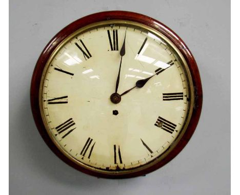 A Victorian School Clock, of typical circular form, 30cm diameter enamel dial with Roman numerals, single train fusee eight d