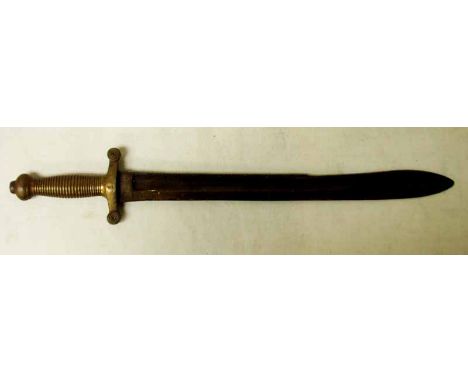 A 19th century Artillery Short Sword, brass ring turned handle and hilt with roundel terminals, fullered steel blade with ser