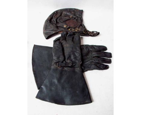 WW2, a leather Flying Helmet and a pair of leather gauntlet style Gloves 
