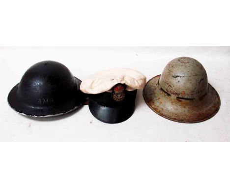 WW2, Ambulance Driver's Tin Helmet, Civilian Tin Helmet and Naval Officer's Peaked Cap (3) 
