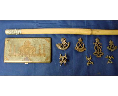 A WW2 Indian Army Swagger Stick for Bihar Regiment plus seven Indian Army Hat badges; incl Baluch Regiment, Hodson's Horse Su