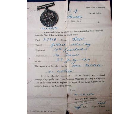 WW1 Liverpool Regiment British War Medal plus KIA notification (Army Form B. 104-82a) 10th Battalion Liverpool Regiment. Meda